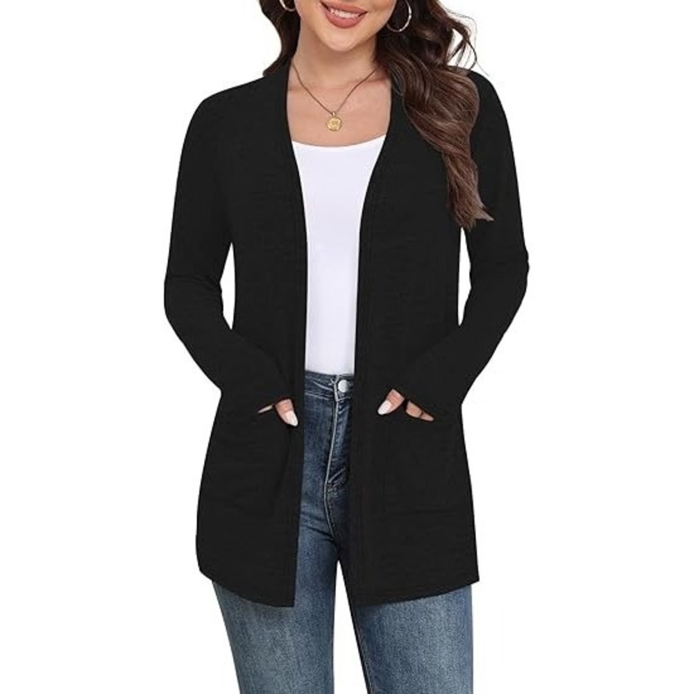 Yincro Women's L Black Lightweight Cardigan Long Sleeve Open Front Casual Sweate